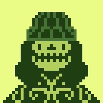 A pixel art illustration of a green-hooded figure with a skull-like face and dark robes set against a light green background.