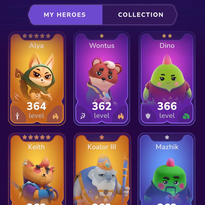 A mobile game interface showing a 'MY HEROES' and 'COLLECTION' tab with character cards: Alya (level 364), Wontus (level 362), Dino (level 366), Keith, Koalor III, and Mazhik.
