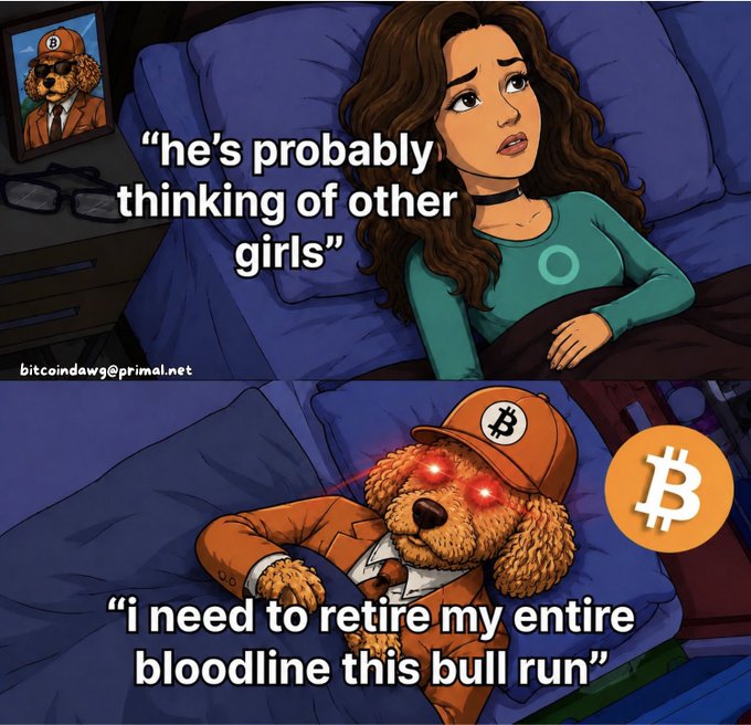 A two-panel comic-style meme featuring a woman thinking 'he's probably thinking of other girls' and a dog in a Bitcoin cap with red glowing eyes thinking 'i need to retire my entire bloodline this bull run', watermarked 'bitcoindawg@primal.net'.