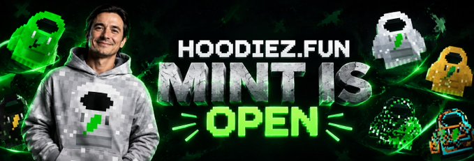 A promotional banner for 'HOODIEZ.FUN MINT IS OPEN' featuring a smiling man in a pixelated hoodie alongside various colorful pixel-art hoodie designs against a green background.