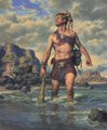 A muscular, caveman-like figure wades through shallow ocean water holding a wooden staff, with rugged mountains rising in the misty background, evoking a primal, wandering spirit. The image visually echoes the "Journey never ends" caption by depicting a lone traveler forging ahead through a vast, untamed landscape, symbolizing an ongoing quest or adventure.
