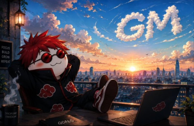 An anime-style illustration of a red-haired character wearing sunglasses and an Akatsuki cloak, lounging on a rooftop at sunset with a laptop, a mug labeled 'Discipline Freedom,' and clouds spelling 'GM' in the sky.