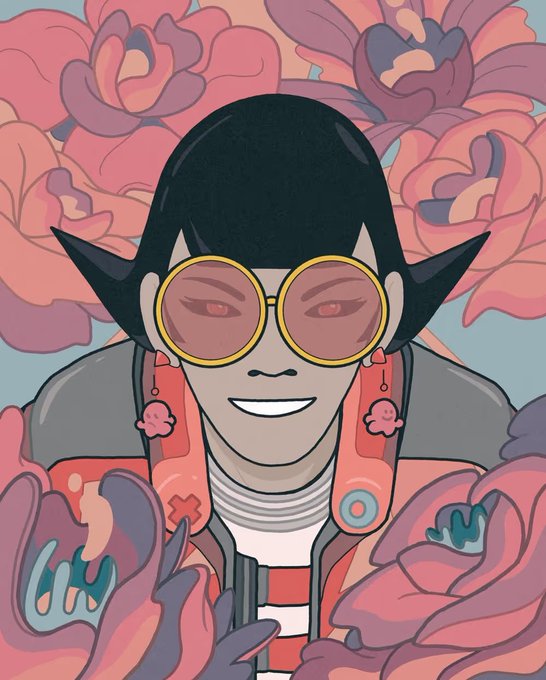 A digital illustration of a stylized character with pointed ears, large round yellow sunglasses, and pink flower earrings, surrounded by pink floral imagery.