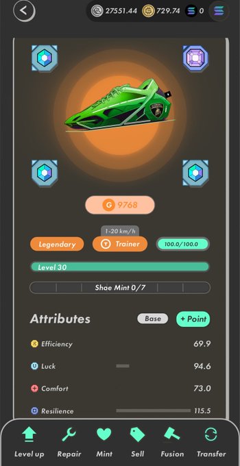 A mobile game interface showing a green Legendary Trainer shoe (Level 30) with 9768 value, attributes including Efficiency 69.9, Luck 94.6, Comfort 73.0, and Resilience 115.5, with options to Level up, Repair, Mint, Sell, Fusion, or Transfer.