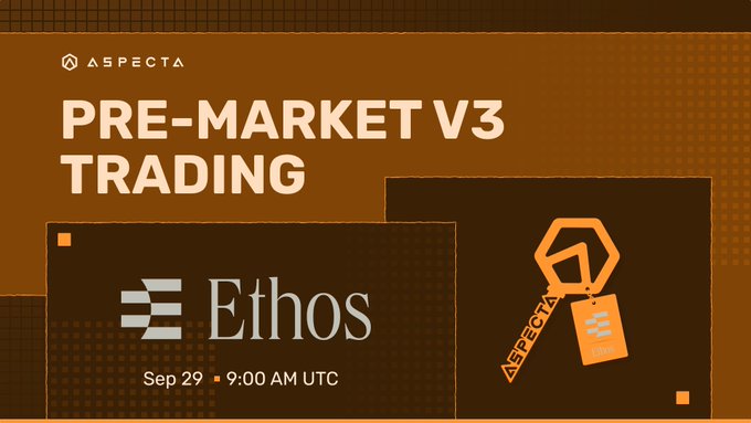 A promotional graphic for "ASPECTA PRE-MARKET V3 TRADING" featuring the Ethos logo and an event date of "Sep 29 - 9:00 AM UTC."
