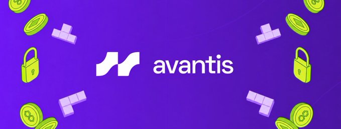 The image features a purple banner with white text that says "avantis" at the top, surrounded by various objects such as coins, locks, and blocks. The objects are scattered around the banner, creating an interesting visual effect. The background of the image is dark blue, which contrasts with the vibrant colors of the objects on the banner.