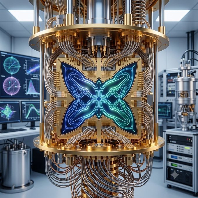 An ornate gold and copper cylindrical scientific machine features a glowing neon blue butterfly emblem on its front panel, displayed in a high-tech laboratory setting.