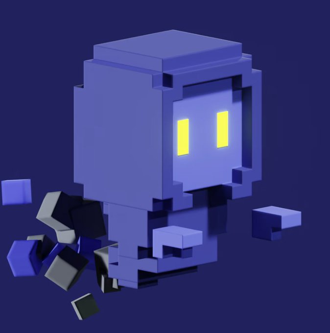 A 3D pixelated blue ghost-like character with glowing yellow eyes hovers against a dark blue background, with some geometric cubes floating nearby.