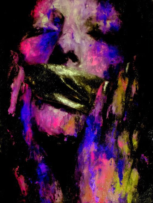 An expressive, painterly digital artwork depicting a human face obscured by a metallic gold blindfold, rendered in vibrant, textured strokes of purple, pink, blue, and yellow against a black background.