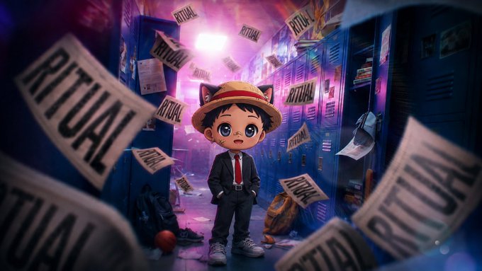 An anime-style illustration of a chibi character wearing a straw hat and suit, surrounded by papers labeled 'RITUAL' in what appears to be a locker room setting.