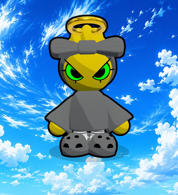 An illustration of a stylized character featuring a gold trophy as a head with a gray bow, green eyes, wearing a gray outfit and large shoes, set against a blue sky with clouds.