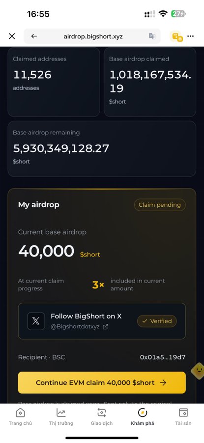A screenshot of the airdrop.bigshort.xyz website showing that 11,526 addresses have claimed a total of 1,018,167,534.19 $short tokens, with 5,930,349,128.27 $short remaining, and the user is eligible to claim 40,000 $short (3x included) pending a follow to @Bigshortdotxyz on X. The post relates to the image as it discusses the airdrop's promising setup, drawing comparisons to a previous successful airdrop, and indicating intent to claim their allocated tokens after completing the required steps.