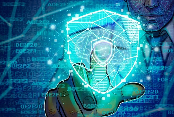 A digital artwork features a wireframe robotic face and hand against a blue background filled with hexadecimal code, representing cybersecurity or artificial intelligence concepts.