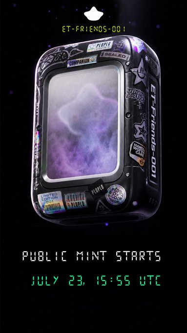 A stylized digital collectible card labeled "ET-FRIENDS-001" is displayed against a starry black background, featuring a glowing purple smoke-like screen adorned with various stickers and "Limited Edition 001" markings. The promotional graphic announces the public mint start date of July 23 at 15:55 UTC, matching the post's announcement for the ET-Friends collection's whitelist ending and opening to the general public.