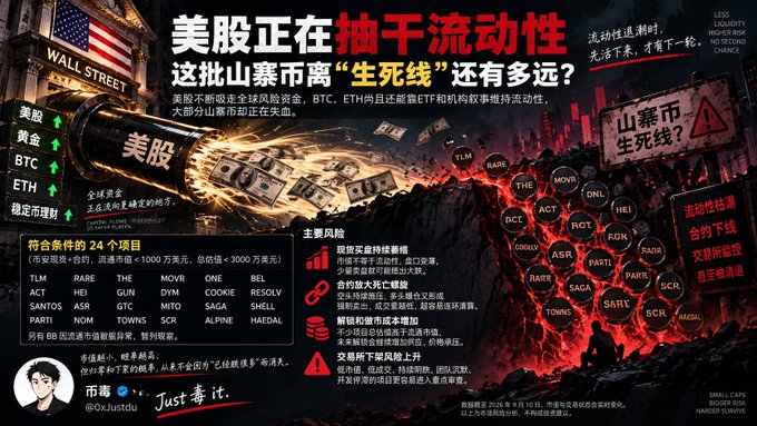 The image is a Chinese-language financial infographic warning that the U.S. stock market is draining liquidity, questioning how far altcoins are from a "life-or-death line." It highlights tickers like TLM, RARE, THE, MOVR, ONE, BEL, and ACT (note: these may be tickers, not "bank" names — some like THE refer to projects such as Thena), warning that small-cap tokens under $10M market cap with under $30M FDV — especially those already listed on Binance spot and futures — face high delisting risk. The graphic notes BTC and ETH can still rely on ETF and institutional narratives, but altcoins cannot, emphasizing risks from illiquidity, contract vulnerabilities, leveraged positions, and exchanges tightening listings.