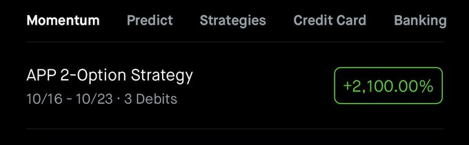 A black financial dashboard displays the 'APP 2-Option Strategy' under a 'Strategies' tab, showing a positive return of '+2,100.00%' for the period 10/16 - 10/23 with 3 Debits.