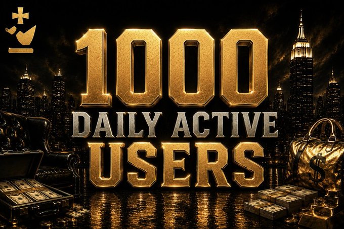 A luxurious, gold-themed promotional graphic displaying "1000 DAILY ACTIVE USERS" in bold metallic lettering, set against a nighttime cityscape with a money bag and briefcase of cash, visually reinforcing the post's announcement of The Syndicate gaming platform reaching 1,000 daily players on Solana.