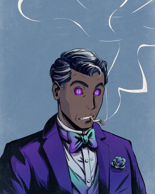 Comic book style illustration of a dark-skinned man in a purple tuxedo with a teal bow tie and a flower lapel pin, smoking a cigarette with glowing pink eyes, set against a blue background with white smoke wisps.