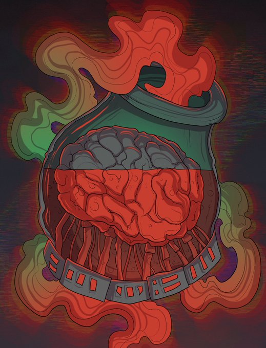 A digital illustration depicts a glass flask with a green rim, filled halfway with liquid and featuring a brain submerged within—the top half of the brain is gray while the bottom half is red, with red and green flames or smoke billowing around the container.

The eerie, alchemical imagery of a brain preserved in a potion flask complements the post's promotion of a 24-hour "Mana" auction on Gamectober, evoking a mystical theme fitting for the crypto art sale currently at a 25 XTZ bid.