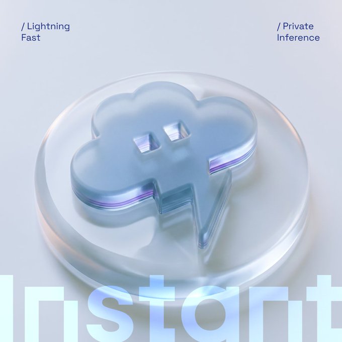 A 3D rendered graphic features a transparent, glass-like speech bubble icon with quotation marks, accompanied by the text "/ Lightning Fast" and "/ Private Inference" on a white background.