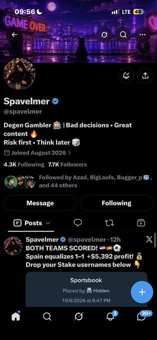 A mobile screenshot of the X/Twitter profile for 'Spavelmer' (@spavelmer), displaying bio text 'Degen Gambler | Bad decisions • Great content' with stats showing 4.3K Following and 7.7K Followers, posted 12h ago about sportsbook results.