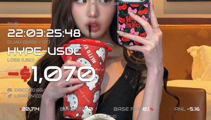 A woman takes a mirror selfie with a phone case featuring hearts and Japanese text, with overlaid graphics showing trading stats including 'HYPE-USDC', 'TIME 22:03:25:48', and a LOSS (USD) of '-$1,070'.