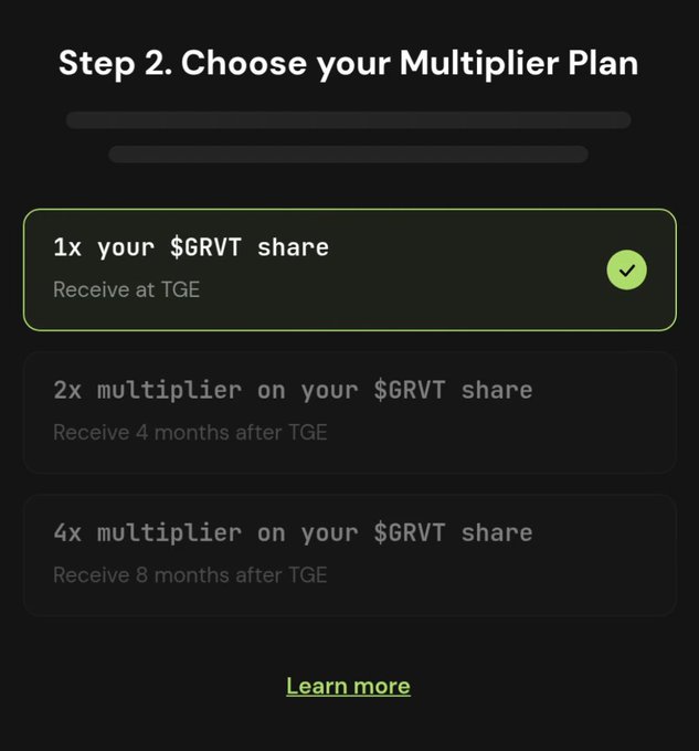 A dark-themed interface screen titled 'Step 2. Choose your Multiplier Plan' for $GRVT, offering options to '1x your $GRVT share' (Receive at TGE, selected), '2x multiplier' (4 months after TGE), or '4x multiplier' (8 months after TGE).