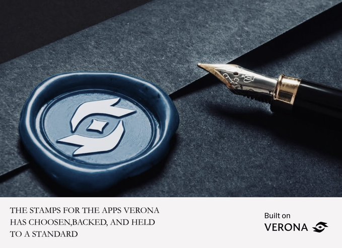 A promotional graphic for Veronachain featuring a navy wax seal with a 'V' logo and a fountain pen on dark paper, with text reading 'THE STAMPS FOR THE APPS VERONA HAS CHOOSEN,BACKED, AND HELD TO A STANDARD' and 'Built on VERONA'.