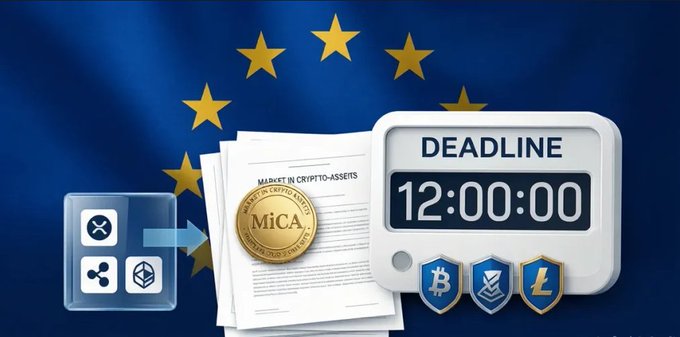 An EU MiCA crypto regulation graphic featuring the EU flag backdrop, a MiCA document, transition arrows from one crypto to another, a countdown timer at 12:00:00 labeled 'DEADLINE', and shields displaying BTC, ETH, and LTC logos.