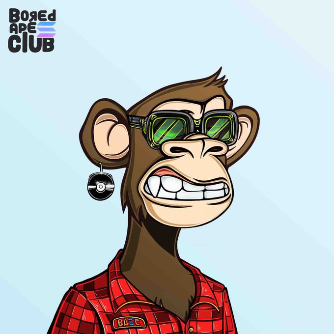 A Bored Ape Club NFT character (#7133) wearing green-tinted sunglasses and a Pokéball earring in a red plaid shirt is featured, serving as the prize for a subscriber giveaway wheel spin announced in the post.