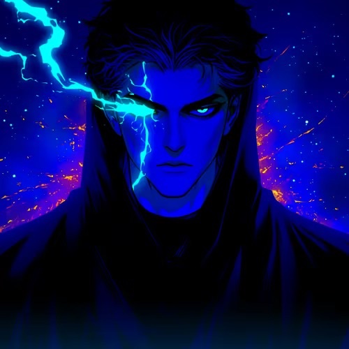 A digital artwork featuring a young man with glowing blue eyes and blue electricity emanating from his face against a dark, cosmic background with fiery elements.