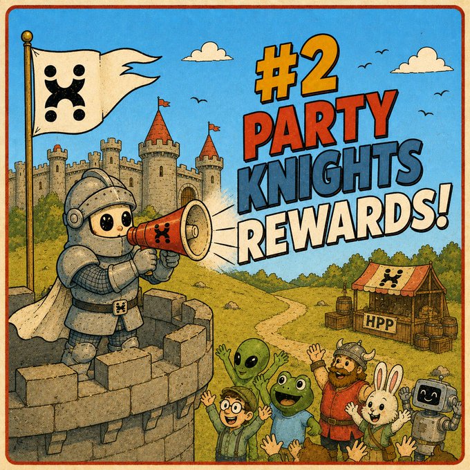 A cartoon illustration of a knight with a megaphone standing on a castle wall announcing "#2 PARTY KNIGHTS REWARDS!" with a diverse group of characters cheering below near an "HPP" tent.
