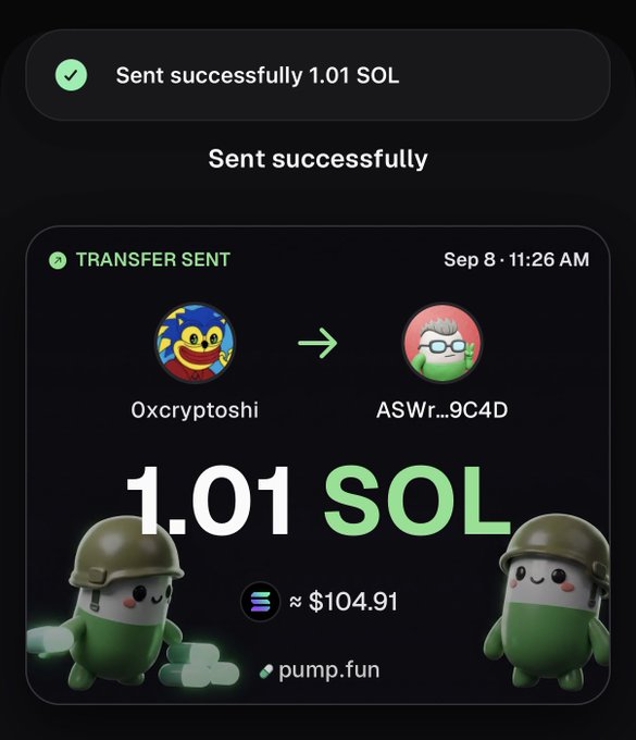 A crypto transaction confirmation showing "Sent successfully 1.01 SOL" from user "0xcryptoshi" to "ASWr...9C4D" at 11:26 AM on Sep 8, valued at approximately $104.91, featuring cute military helmet-wearing mushroom mascots. The transaction record likely illustrates the celebratory post thanking supporters for helping the user reach a 27k milestone, possibly representing a tip, donation, or milestone reward sent via pump.fun.