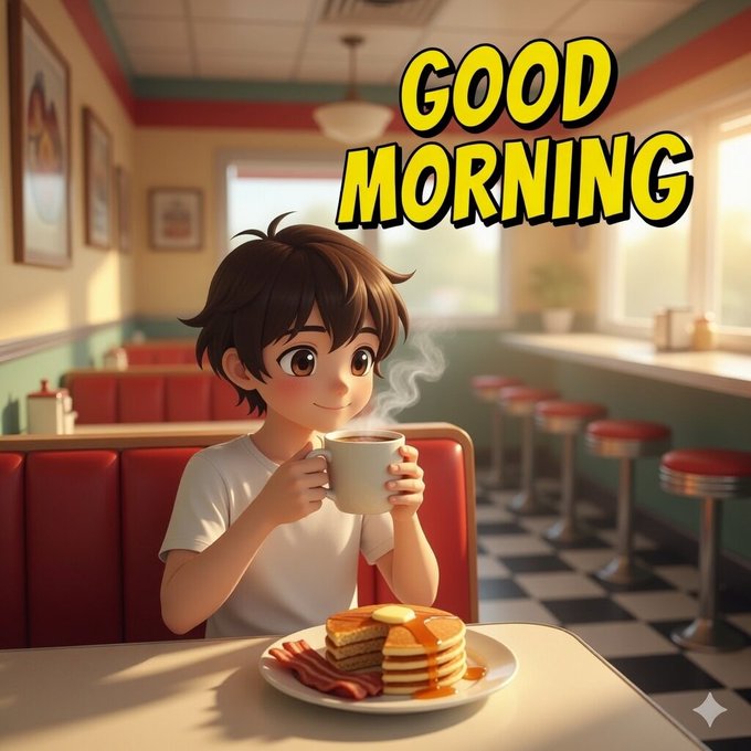 The image features a cartoon boy sitting at a table with pancakes, bacon, and syrup on his plate. He is holding a cup filled with coffee or tea, which he appears to be enjoying while eating breakfast. The background of the image shows a dining area with chairs and tables, suggesting that this scene takes place in a restaurant or diner setting.