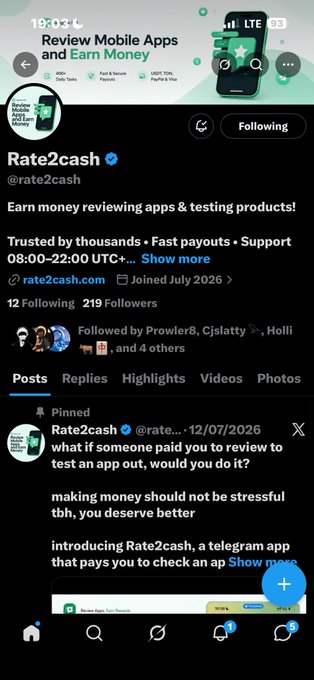 A screenshot of an X profile for 'Rate2cash' (@rate2cash), advertising a Telegram app that pays users to review apps and test products, with a pinned post about earning money by reviewing apps.