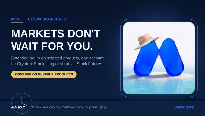 A MEXC cryptocurrency exchange advertisement reading 'MARKETS DON'T WAIT FOR YOU' promoting CEX vs Brokerage services with extended hours for Crypto + Stock trading and zero fees on eligible products, featuring an image of blue capsule-shaped characters in a straw hat.