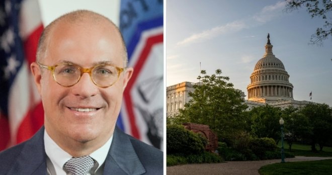 Former CFTC Chair Chris Giancarlo is pictured alongside the US Capitol building, highlighting his comments on the CLARITY Act and the crypto industry's innovation.