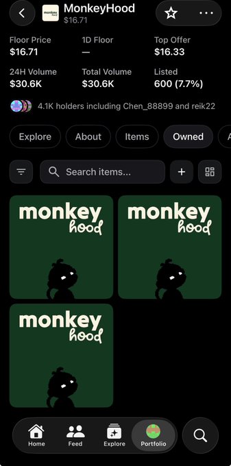 A mobile app screenshot displaying the 'MonkeyHood' token collection page showing a floor price of $16.71 and 24H volume of $30.6K, with green NFT items featuring a monkey logo.