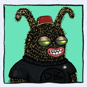 A colorful illustration shows a furry black creature with large green eyes, a wide toothy grin, a small red hat, and a black sweater with 'DB' on it.