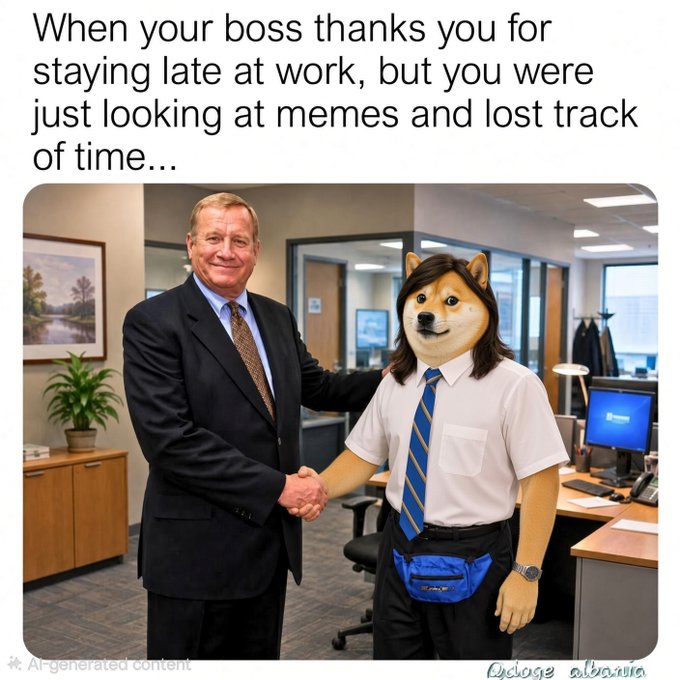 An AI-generated meme captioned 'When your boss thanks you for staying late at work, but you were just looking at memes and lost track of time...' showing a boss shaking hands with an employee whose head has been replaced by a dog face, labeled 'AI-generated content' and 'Cyclone albania'.