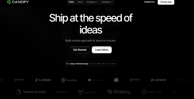 The image shows a website called "Canopy" with a black background, white text, and logos for various companies such as "Lumina", "Rhinokey", and "Stakely". The main focus of the image is on the "ship at the speed of ideas" feature of the website. This feature allows users to launch apps quickly using AI native infrastructure, which can be a game-changer for businesses looking to develop innovative solutions in less time than traditional methods. The post emphasizes that this new approach can help companies save time and resources while still achieving their goals.