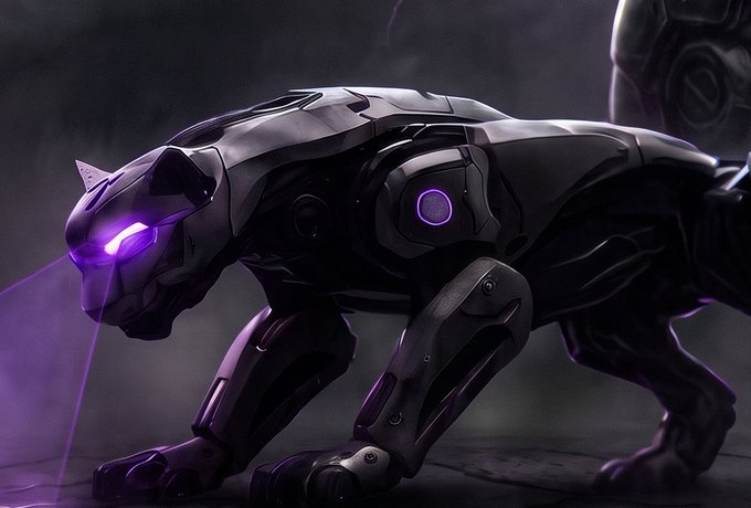 A robotic panther or feline creature with glowing purple eyes crouches on the ground in a dark environment.