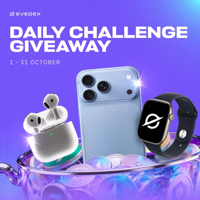 The image is a promotional graphic for "EVEDEX DAILY CHALLENGE GIVEAWAY" running from 1 - 31 October, featuring an iPhone, AirPods, and Apple Watch displayed in a bowl of crypto coins against a purple background. The image visually represents the three Apple prizes mentioned in the post—AirPods for 5 days, an Apple Watch for 15 days, and an iPhone 18 Pro Max for 31 days—tied to a daily trading challenge on the EVEDEX platform.