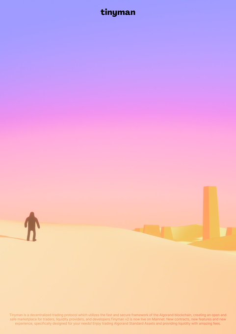 A minimalist website hero for 'tinyman' featuring a stylized silhouette of a person standing on a pastel gradient landscape with geometric shapes, accompanied by text describing it as a decentralized trading protocol on the Algorand blockchain.