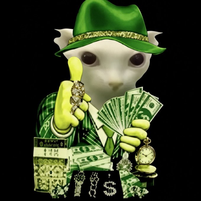 A cartoon cat wearing a green fedora and yellow gloves gives a thumbs up while holding a fan of cash, with more money, gold watches, and diamond jewelry scattered below. The image aligns with the "$CASHCAT" meme coin promotion, using flashy wealth imagery to hype the token's launch on letscash.fun.