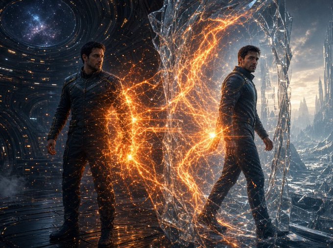 Two men face each other in a sci-fi setting, separated by a fiery, electrified rift between two contrasting worlds—one a dark, futuristic interior, the other a sprawling alien landscape. The image visually represents the concept of a chain split in Bitcoin, where a divergence in consensus rules creates two parallel chains, just like the post describes—each identical up to the split but existing as separate realities thereafter.