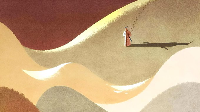 A painted artwork shows a small cloaked figure with a staff standing on rolling dunes, casting a long shadow under a reddish sky.