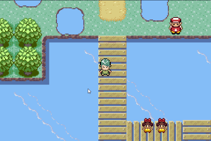 A screenshot from a Pokémon-style game showing a character with green hair crossing a wooden bridge over water, with another character in red on the path ahead.