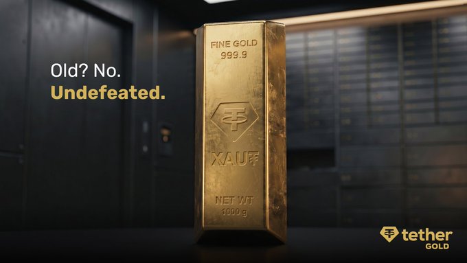 The image features an old gold bar sitting on top of a table against a black background. The text "Old? No! Undefeated!" is displayed above the gold bar, indicating that the gold has been proven to be unbreakable over time. This message is related to the Tether Gold advertisement, which promotes the idea that their gold is an asset with a long history of success and reliability.