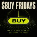 The image is a black promotional graphic with "$BUY FRIDAYS" in large yellow letters at the top, featuring a yellow "BUY" button and text reading "SEP 2 • 2 PM ET / 8 PM CEST" with "JOIN, REVEAL AND SWIRL" at the bottom. It serves as a promotional flyer for a "$BUY" cryptocurrency event, aligning with the poster's call to action to participate and help win.
